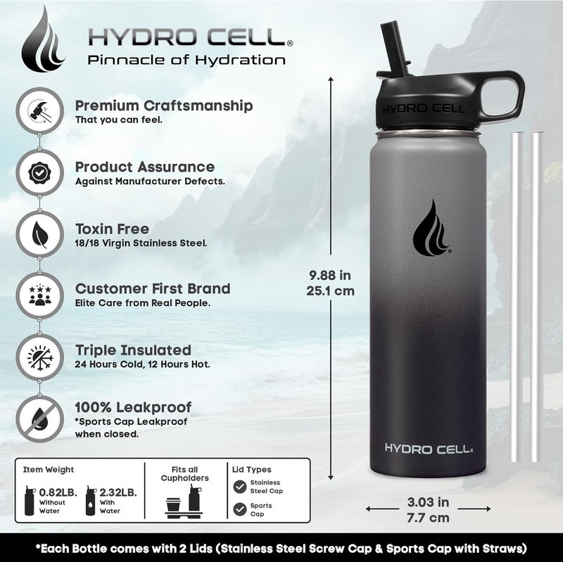HYDRO CELL Stainless Steel Insulated Water Bottle with Straw - For Cold & Hot Drinks - Metal Vacuum Flask with Screw Cap and Modern Leakproof Sport Thermos for Adults (Graphite/Black 24oz) - Image 2